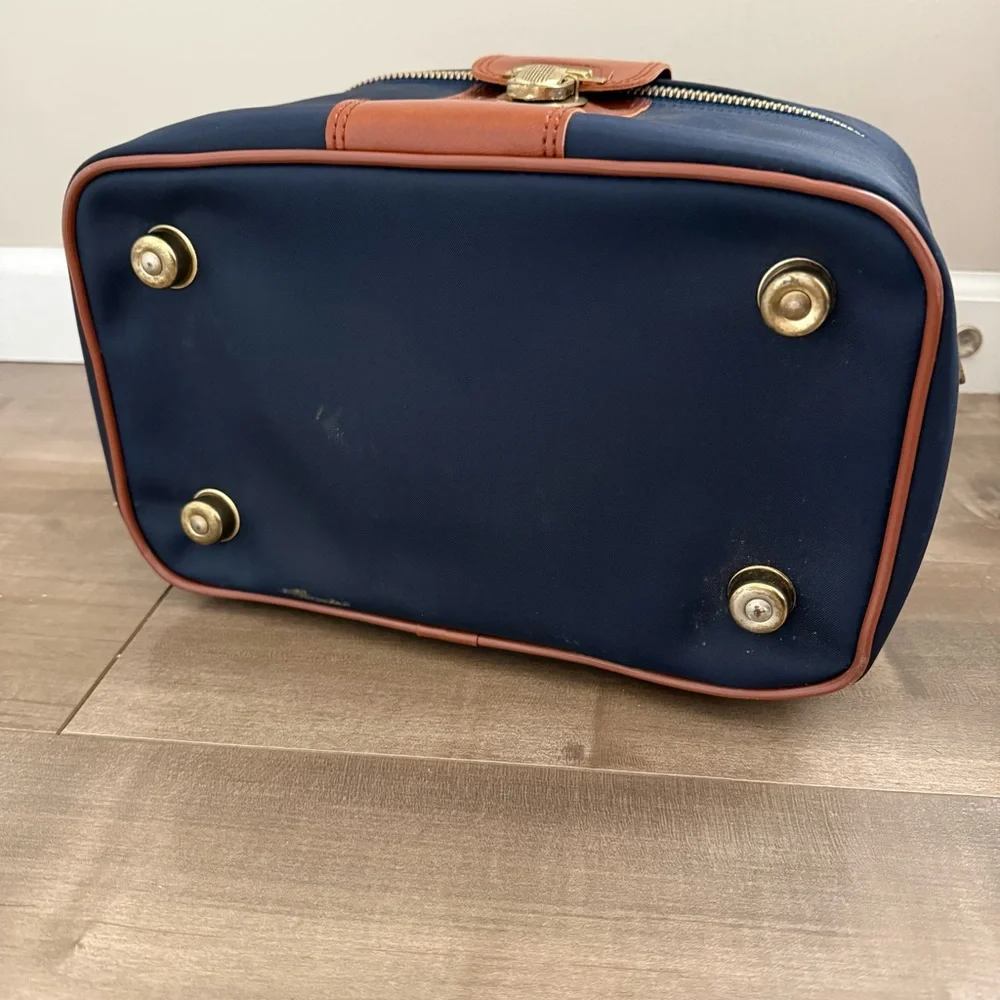 Vintage Sears Travel Train Case Bag Cosmetic Hard Case‎ Wipeable Leather Navy